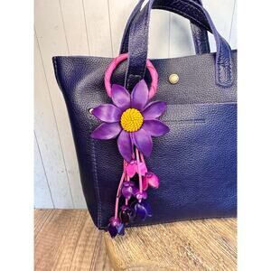 Leather Purse Charm Purple Flower Charm Genuine Leather Bag Charm NEW!